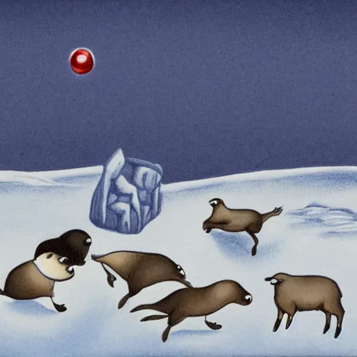 Image similar to cartoon drawing of a seal tossing a red ball with a sheep in antarctica. the seal's head is sticking out above the water and the sheep is standing near the edge of ice