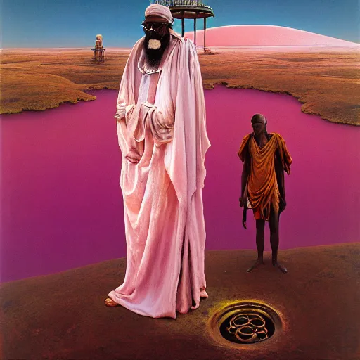 Image similar to african moors in white robes building a steampunk portal near a pink lake by zdislaw beksinski and thomas blackshear and alex grey, oil on canvas, 8k