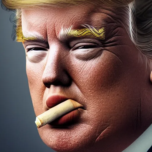 Image similar to a high detail photo of donald trump smoking a cigarrette, subject= donald trump, subject detail: extremly detailed, subject action: smoking a cigar, photorealism, dramatic lighting, award winning photograph, trending on artstation