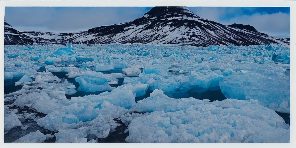 Prompt: polaroid photo of glaciers in iceland, surrounded by snow and ice, bright blue sky