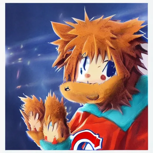 Image similar to anime Portrait of Youppi the Habs Montreal Canadiens Mascot as a very cute powerful and friendly pokemon, highly detailed anime, high evolution, 1990s, legendary, smooth, sharp focus, dynamic lighting, intricate, trending on ArtStation, illustration pokemon, art by WLOP