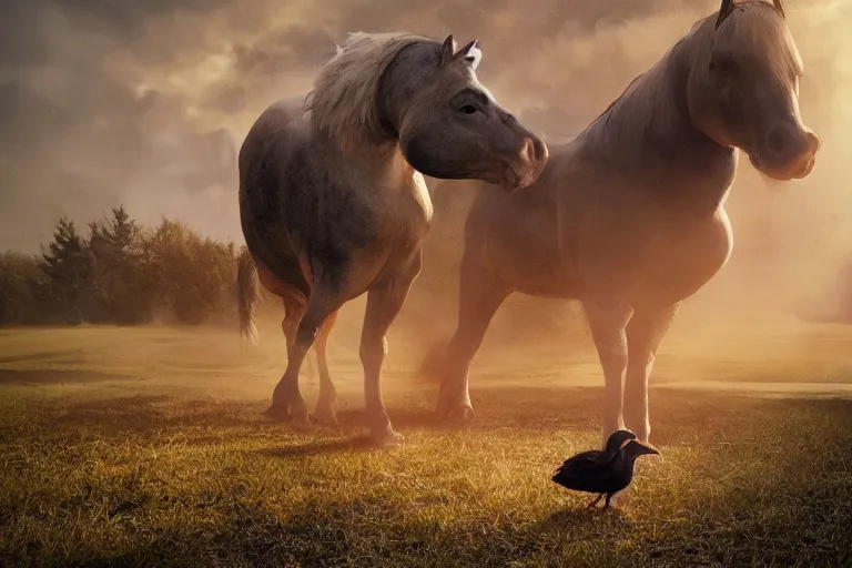 Image similar to a tiny horse standing next to an extremely large duck, the duck is bigger than the horse, evening light, cinematic photography, digital painting, volumetric light, concept art, trending on artstation, digital Art, fantasy art