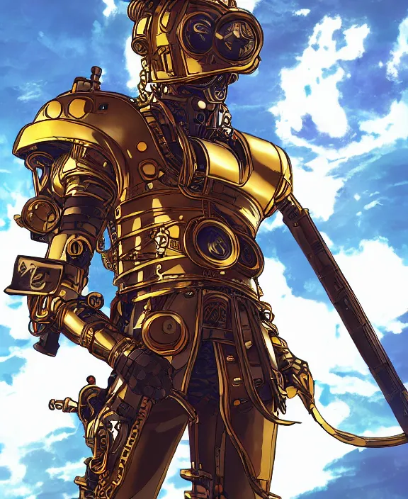 Prompt: an anime drawing of a cyberpunk warrior with golden steampunk armour and a futuristic helmet with a cybernetic visor by Moebius, 4k resolution, photorealistic