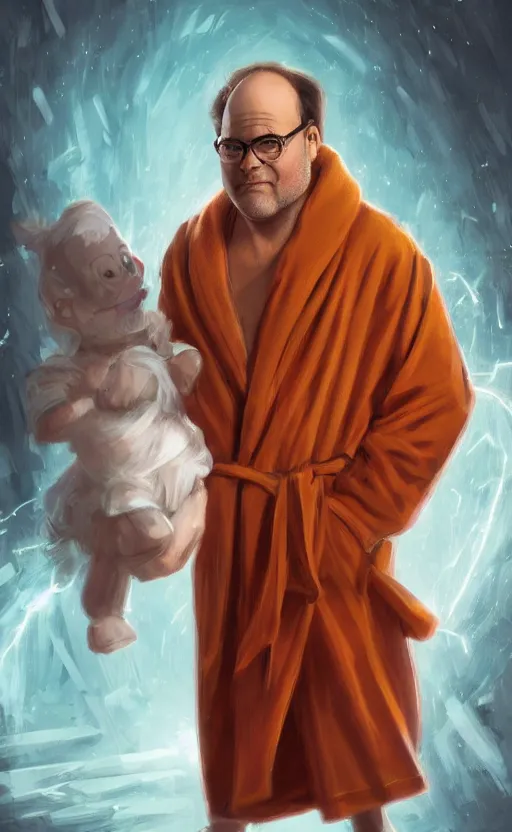 Prompt: george costanza with wild hair and bright eyes. he's wearing a flowing bathrobe made of light, airy fabric and he has a mischievous look on his face, dynamic lighting, photorealistic fantasy concept art, trending on art station, stunning visuals, creative, cinematic, ultra detailed