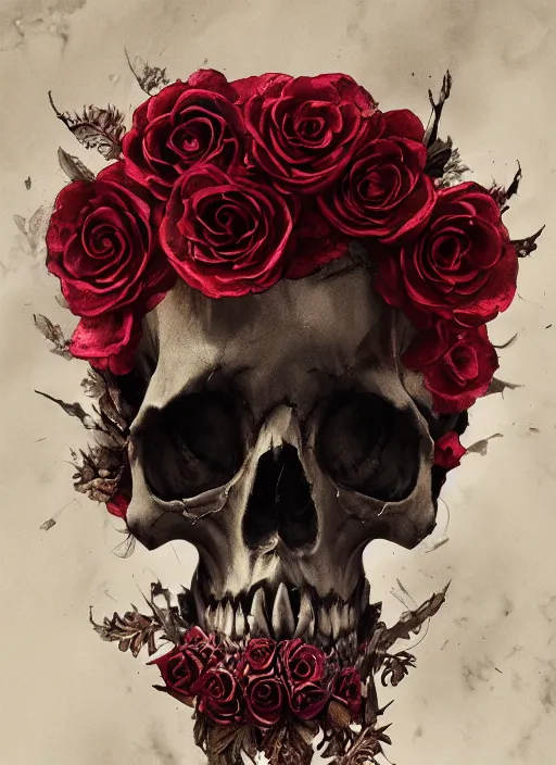 Prompt: A fancy portrait of a skull wrapped in roses by Greg Rutkowski, Sung Choi, Mitchell Mohrhauser, Maciej Kuciara, Johnson Ting, Maxim Verehin, Peter Konig, Bloodborne, 8k photorealistic, cinematic lighting, HD, high details, dramatic, atmospheric , trending on artstation