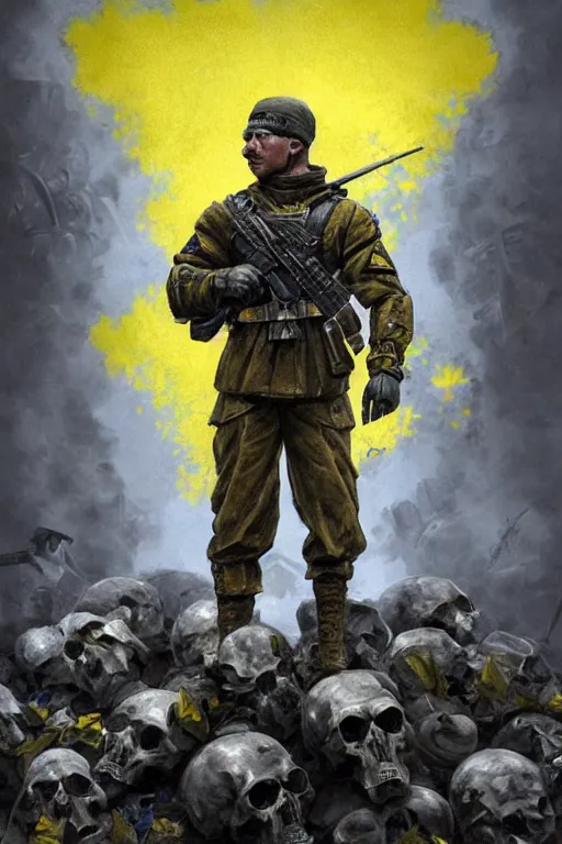 Prompt: a distant shot of a Ukrainian Call of Duty soldier with blue and yellow uniform standing alone on a pile of skulls as a winner, masculine figure, D&D, fantasy, intricate, elegant, highly detailed, extremely detailed, digital painting, artstation, concept art, matte, sharp focus, symmetrical, illustration, art by Artgerm and Greg Rutkowski and Alphonse Mucha