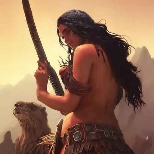 Image similar to salma hayek as a barbarian warrior, in gta v, stephen bliss, unreal engine, fantasy art by greg rutkowski, loish, rhads, ferdinand knab, makoto shinkai and lois van baarle, ilya kuvshinov, rossdraws, tom bagshaw, global illumination, radiant light, detailed and intricate environment