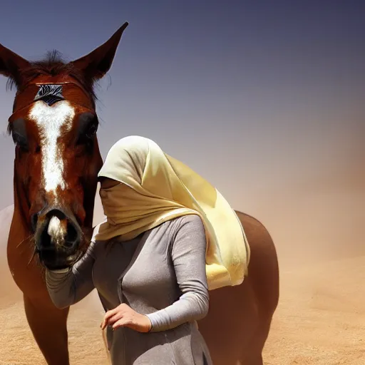 Image similar to ultra - photorealistic, middle eastern woman driving horse and handling weapon, dust, yellow cinematic, 4 k, 8 0 0 mm, uhd, vogue, winning photo of the year, sharp focus, intricate, hyperdetailed