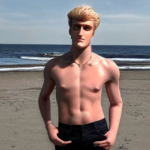 Prompt: a realistic detailed photo of a guy who is an attractive humanoid who is half robot and half humanoid, who is a male android, youtubers jake paul & logan paul, shiny skin, posing like a statue, blank stare, at the beach, on display