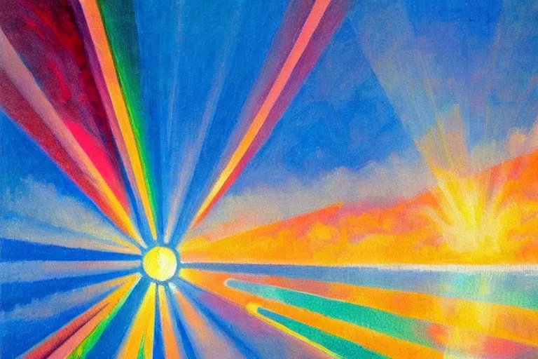 Image similar to a stunning wpa style painting of a prism in the sky reflectinglight, god rays, award winning art