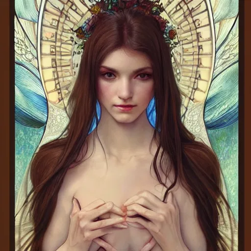 Image similar to a photograpic portrait of a pretty woman, angel, fantasy, intricate, elegant, highly detailed, digital painting, artstation, concept art, smooth, sharp focus, illustration, art by artgerm and h r giger and alphonse mucha