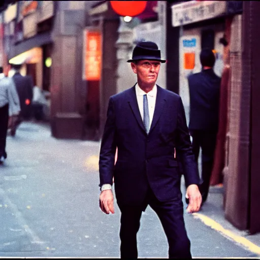 Image similar to portrait of a man walking in a suit in the streets of new york, 1 9 6 0 s, street photography taken with ektachrome, featured on flickr, photographed on expired film
