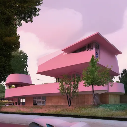 Image similar to modernist house inspired by a mcdonalds between big trees, light pink clouds, dramatic lighting, artstation, matte painting, raphael lacoste, simon stalenhag, frank lloyd wright, zaha hadid
