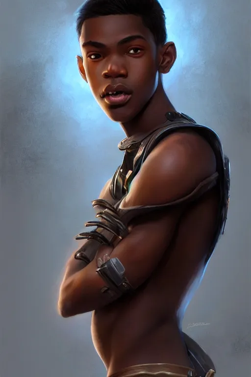 Image similar to young teenager boy with straight short brown hair, dark skin, big lips. highly detailed, d & d, fantasy, highly detailed, digital painting, trending on artstation, concept art, sharp focus, illustration, art by artgerm and greg rutkowski and fuji choko and viktoria gavrilenko and hoang lap