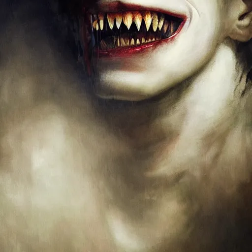 Prompt: portrait painting of a vampire monster, mysterious atmospheric lighting, feral, teeth, a bit of blood, manor, medieval, dark fantasy, painted, intricate, volumetric lighting, rich deep colours masterpiece, golden hour, sharp focus, ultra detailed, by ruan jia