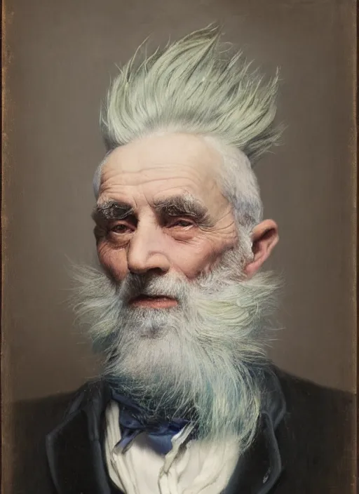 Image similar to a detailed portrait of old man with a extravagant mohawk by edouard bisson, blue hair, punk rock, oil painting, muted colours, soft lighting