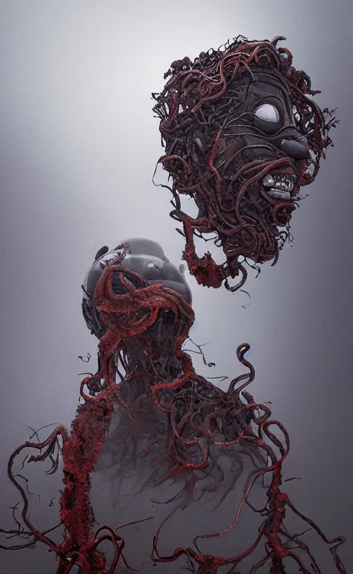 Image similar to thomas the tank engine in style of zdzisław beksinski, extremely dramatic lighting, 8 k, tendrils, black, darkness, black slime tendrils, infected, rust, body horror, thomas the train, thomas the tank engine face, horror,