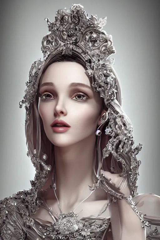 Image similar to an elegant woman in her 30s, alone in the white background, hypermaximalistic, high details, cinematic, 8k resolution, beautiful detailed, insanely intricate details, artstation trending, octane render, unreal engine