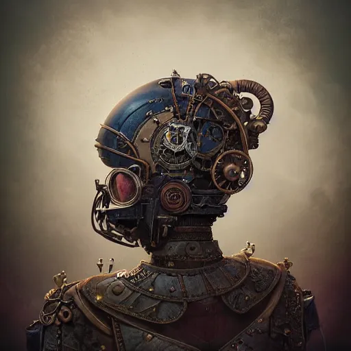 Image similar to dan mumford tom bagshaw, dream world curiosities carnival flying, photorealistic octane render of a single very beautiful helmet full long steampunk metallic armored ornate, partial symmetry accurate features, focus, very intricate ultrafine details, award winning masterpiece, steampunk world