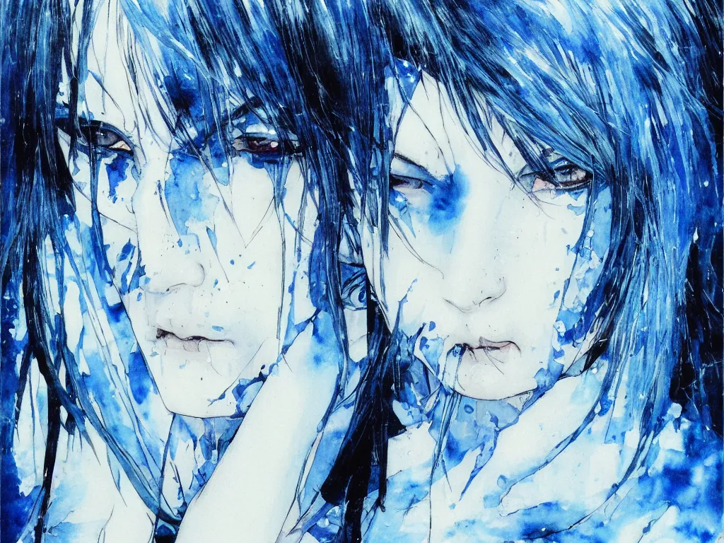 Image similar to the piercing blue eyed stare of yuki onna, freezing blue skin, painted in watercolor by yoji shinkawa, asymmetric, rule of thirds