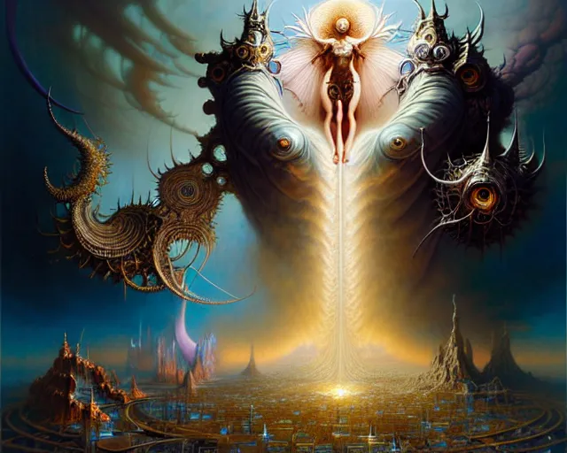 Image similar to the armies of heaven and hell, fantasy character portrait made of fractals facing each other, ultra realistic, wide angle, intricate details, the fifth element artifacts, highly detailed by peter mohrbacher, hajime sorayama, wayne barlowe, boris vallejo, aaron horkey, gaston bussiere, craig mullins
