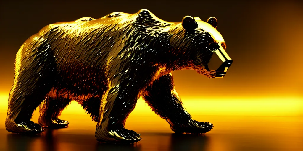 Image similar to film still of a mechanical bear made of gold in a marvel movie, science fiction industrial hard science concept art, 8K render octane high definition cgsociety, photorealistic, unreal engine 5