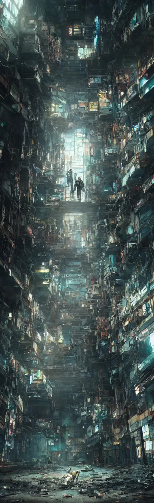 Image similar to portrait of a cyborg, standing in a hall of abandoned cyberpunk megacomplex; hyperrealistic, 4K wallpaper, cinematic lighting, highly detailed and beautiful