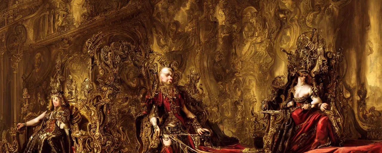 Prompt: epic, wideangle, digital painting, of a 1 7 th century, decadent, cyborg king sitting in his tehnobaroque throne room, dark hair, piercings, amber jewels, baroque, ornate dark red opulent clothing, scifi, futuristic, realistic, hyperdetailed, concept art, art by rembrandt, masterpiece