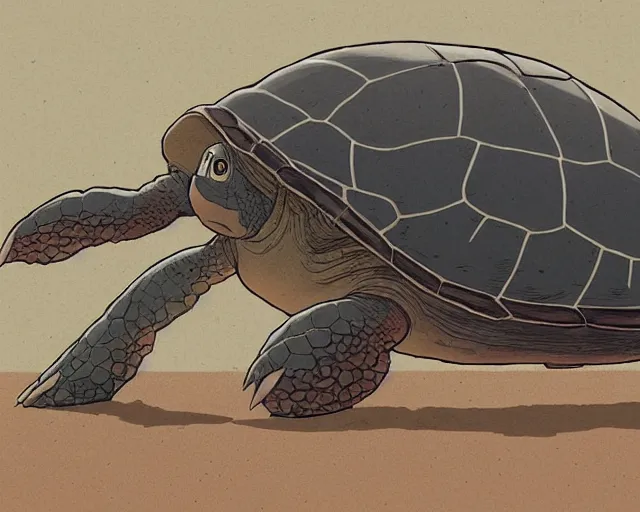 Image similar to a study of a cell shaded cartoon giant turtle from howl's moving castle ( 2 0 0 4 ), on a desert road, illustration, wide shot, subtle colors, post grunge, concept art by josan gonzales and wlop, by james jean, victo ngai, highly detailed, sharp focus, trending on artstation, hq, deviantart, art by artgem