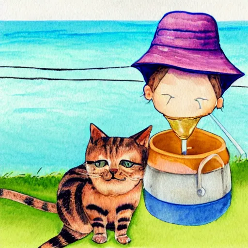 Image similar to a cat with a bucket hat and a hawaii shirt drinking a beer at an outdoor bar by the sea in stockholm, children\'s book illustration watercolor drawing