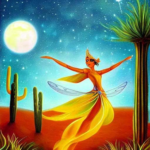 Prompt: fantasy painting elegant dancing Navi in the desert under 3 moons