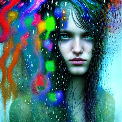 Image similar to girl in psychedelic LSD rain with wet hair and face, fantasy, intricate, elegant, dramatic lighting, emotionally evoking symbolic metaphor, highly detailed, lifelike, photorealistic, digital painting, artstation, concept art, smooth, sharp focus, illustration, art by John Collier and Albert Aublet and Krenz Cushart and Artem Demura and Alphonse Mucha