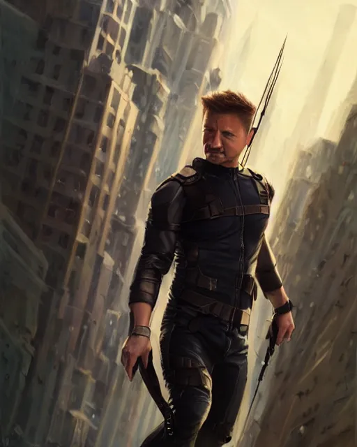 Prompt: jeremy renner as clint barton, hawkeye, perfect face, cinematic, highly detailed, cityscape, digital painting, artstation, smooth, hard focus, illustration, art by jessica rossier and and brian froud