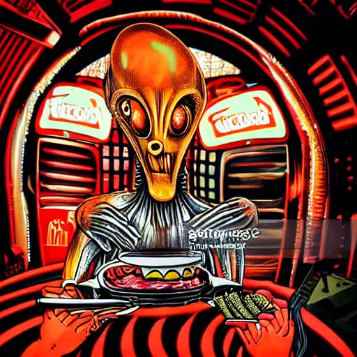 Image similar to hr giger style alien eating a hamburger and fries inside a space station with a neon shop sign in the background, photography