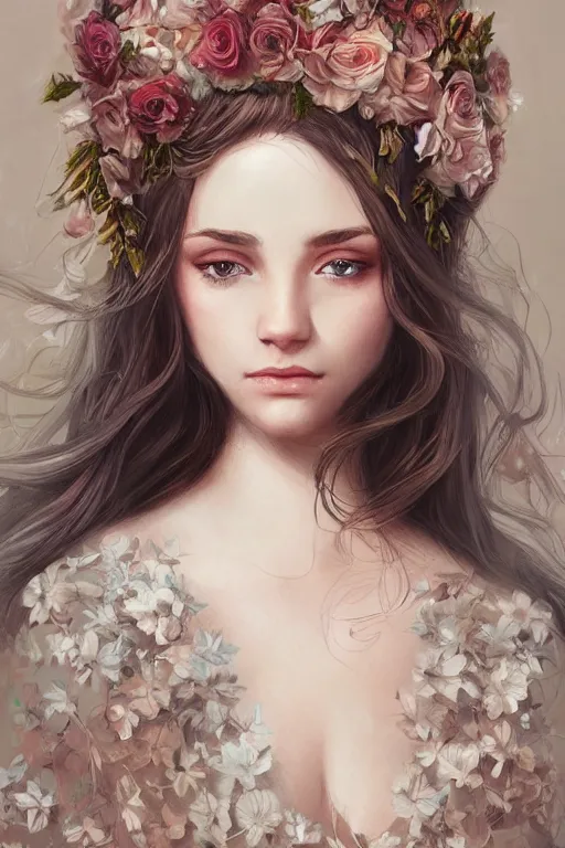 Prompt: beautiful maiden wearing a floral headband, intricate, elegant, highly detailed, digital painting, artstation, concept art, smooth, sharp focus, illustration, art by WlOP