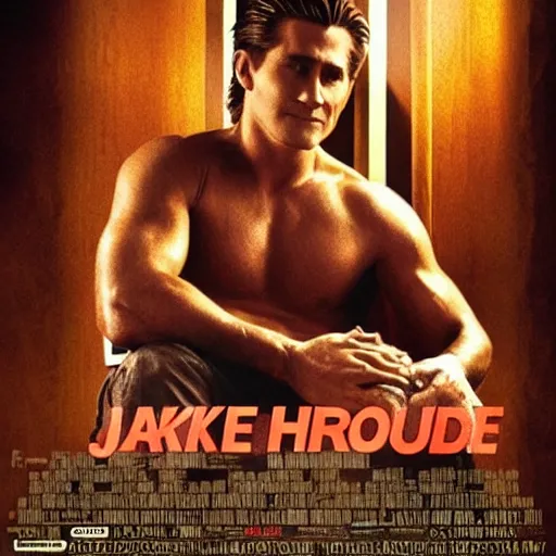 Image similar to a movie poster of Jake Gyllenhaal as patrick Swayze sitting in a hot tub in the movie Road House