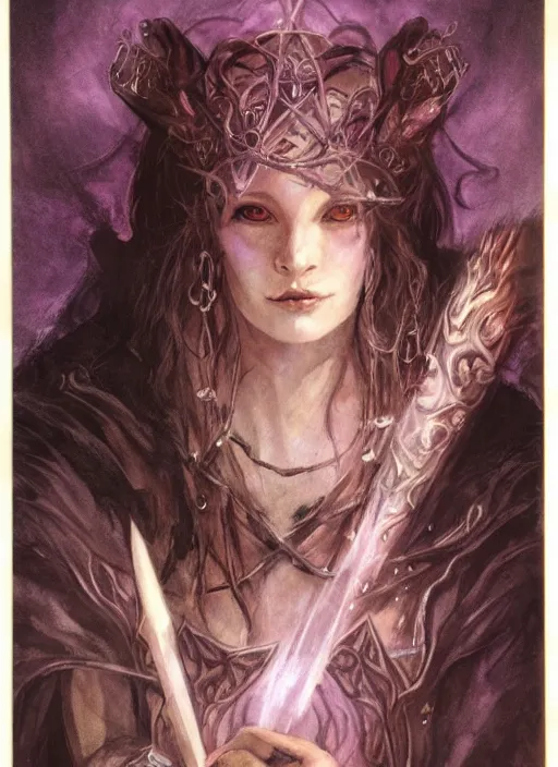 Image similar to portrait of young female sorceress of the endtimes, beautiful! coherent! dungeons and dragons character, by brian froud, strong line, cool night color, high contrast