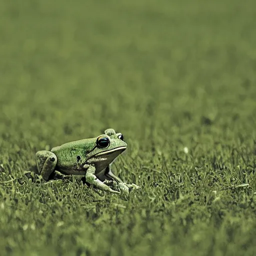 Prompt: a frog standing upright in the middle of a gigantic field, he is lost