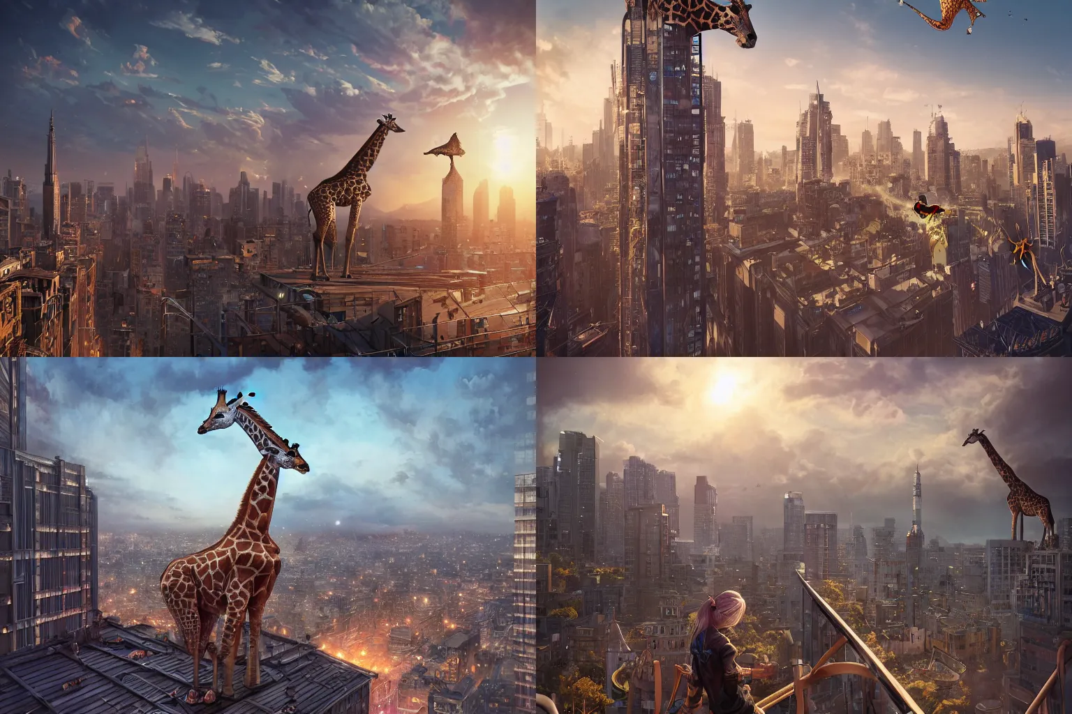 Prompt: rooftop and giraffe, intricate, epic lighting, cinematic composition, hyper realistic, 8 k resolution, unreal engine 5, by artgerm, tooth wu, dan mumford, beeple, wlop, rossdraws, james jean, andrei riabovitchev, marc simonetti, yoshitaka amano, artstation