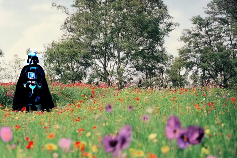 Prompt: darth vader in a field of flowers, playing with kids, 3 5 mm shot, sunny day