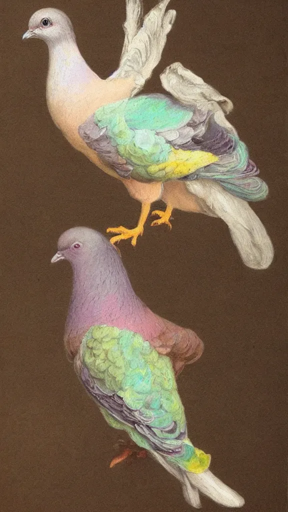 Image similar to rococo painting of a pigeon, pastel colour palette, iridescent