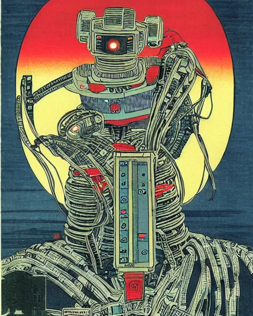 Prompt: Hiroshige portrait of a robot saint made of cables and robotic pod by Jack Kirby