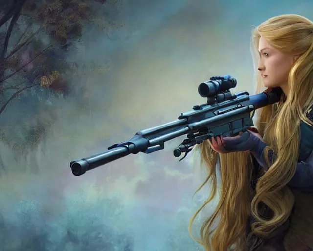 Image similar to disney princess with long blonde hair vs long barreled 9 0 sniper rifle : : weta disney pixar movie still photo : : hi - fructose, decadent highly - detailed digital painting, golden ratio, octane render, artstation, smooth, sharp focus, artgerm, mucha, loish, wlop