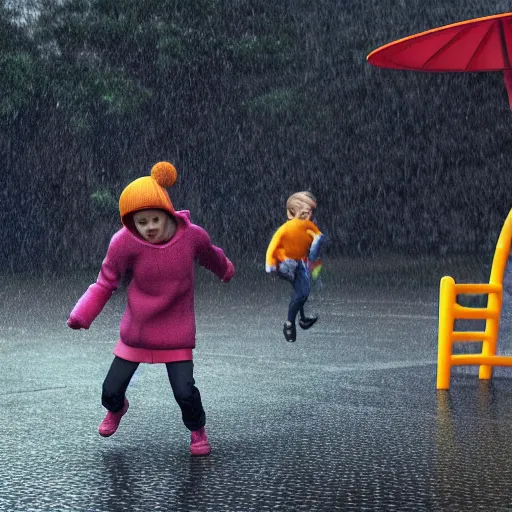 Image similar to kids playing at playground in the middle of rainy day. photorealistic, hyperrealistic, cinematic, artstation, octane render, unreal, 8 k