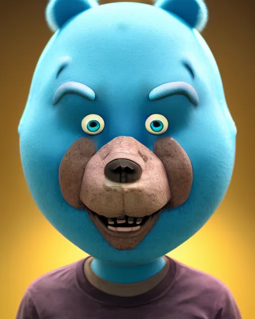 Prompt: Sad man puts on a bear mask, very expressive, light blue piercing eyes, round face, character design by Mark Ryden and Pixar and Hayao Miyazaki, unreal 5, DAZ, hyperrealistic, octane render, cosplay, RPG portrait, dynamic lighting, intricate detail, summer vibrancy, cinematic