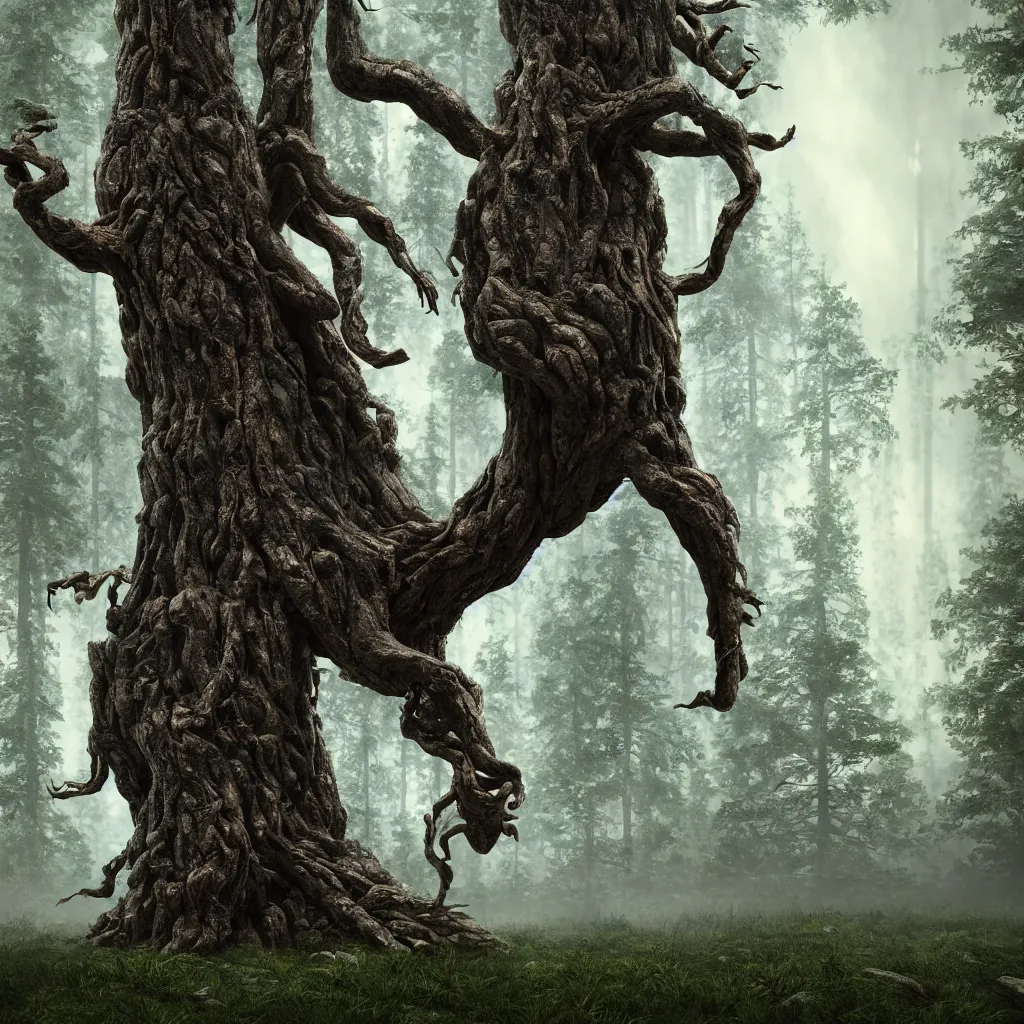 Prompt: large pine tree with legs and arms covered in bark stomping through the forest, cinematic atmosphere, dramatic lightning, 4k, photo-realistic, hyper-realism, octane render, digital illustration, trending on Artstation,