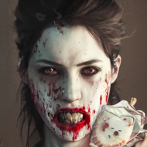 Prompt: portrait painting of a bloodied serial killer with a hello kitty mask, ultra realistic, concept art, intricate details, eerie, highly detailed, photorealistic, octane render, 8 k, unreal engine. art by artgerm and greg rutkowski and alphonse mucha