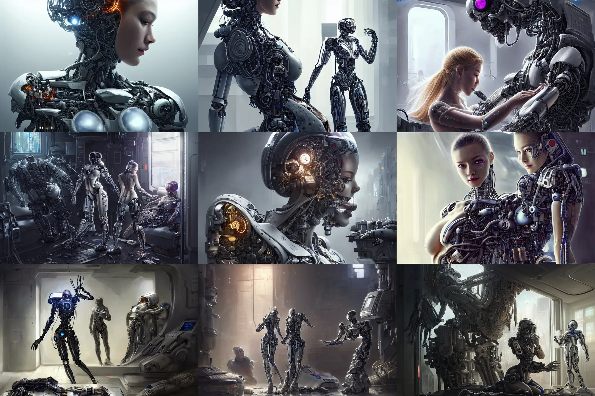 Prompt: Ultra realistic illustration, beautiful alluring damaged cyborg being put back together in an super advanced military medical bay, while a beautiful alluring astronaut soldier looks on, cyberpunk, sci-fi, fantasy, intricate, elegant, highly detailed, digital painting, artstation, concept art, smooth, sharp focus, illustration, art by Yintion J - Jiang Geping and artgerm and KyuYong Eom and alphonse mucha