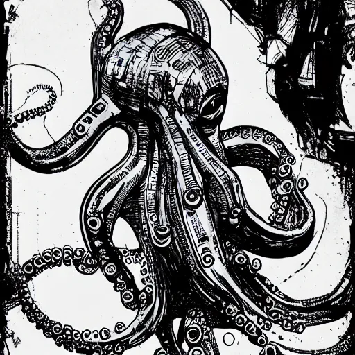 Image similar to a cyberpunk octopus, in the style of Ashley Wood and Moebius