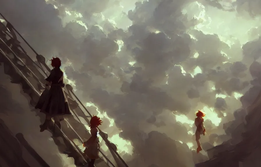 Image similar to greg manchess concept art of a the cloud stairs dimension, key visual, ambient lighting, highly detailed, digital painting, artstation, concept art, sharp focus, by makoto shinkai and akihiko yoshida and hidari and wlop and greg rutkowski